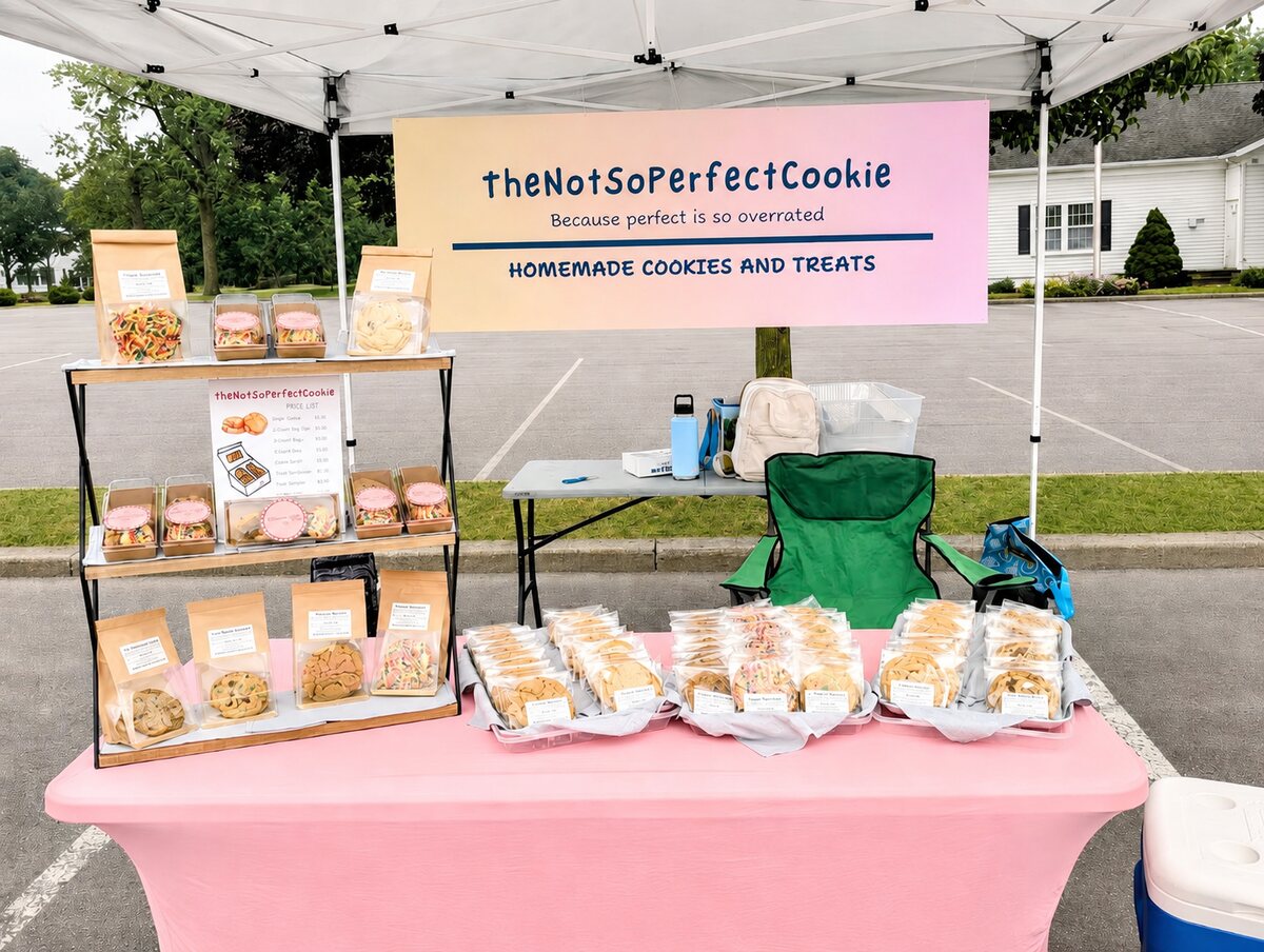 The Not So Perfect Cookie booth stocked for the Victor Farmers' Market.