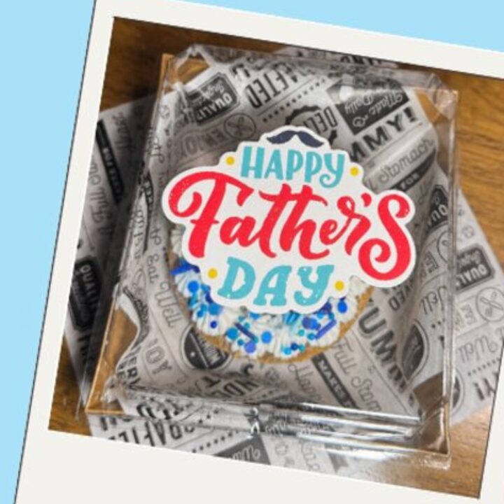 Father's Day mini chocolate chip cookie cake package with Happy Father's Day label.