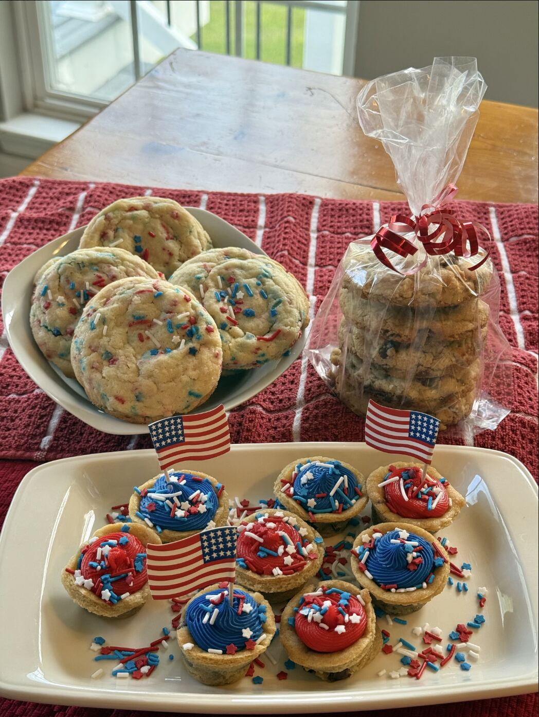 Patriotic cookie drops with red, white, and blue treats.