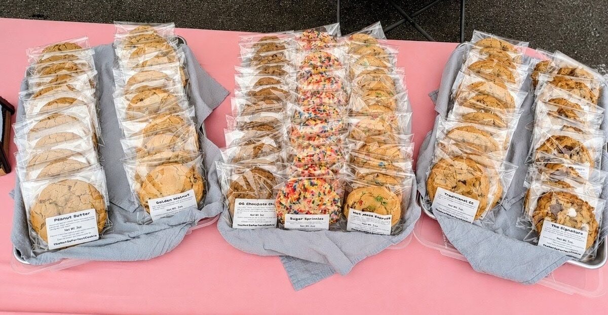Rows of assorted individually wrapped cookies ready for market